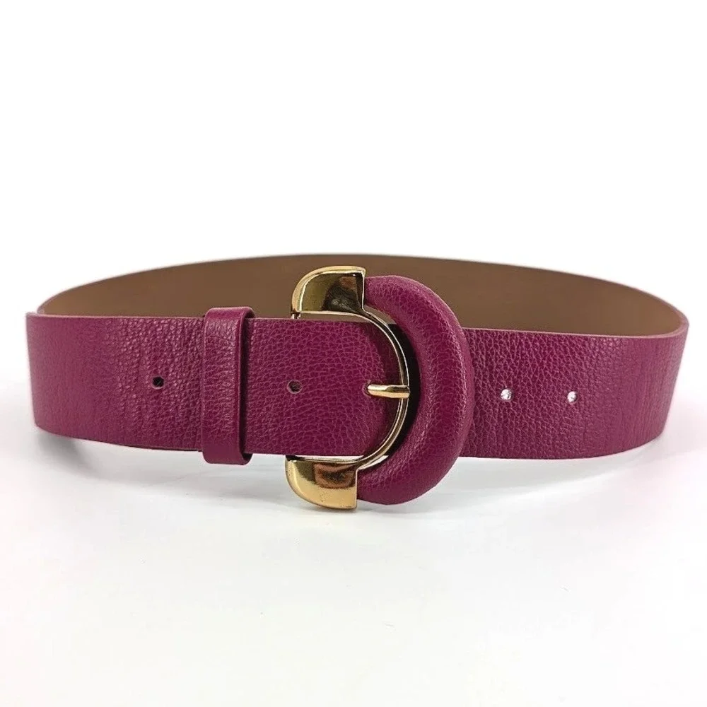 Courama Magenta Fuchsia‎ Leather Belt Gold Statement Buckle Brazil Size M 38in